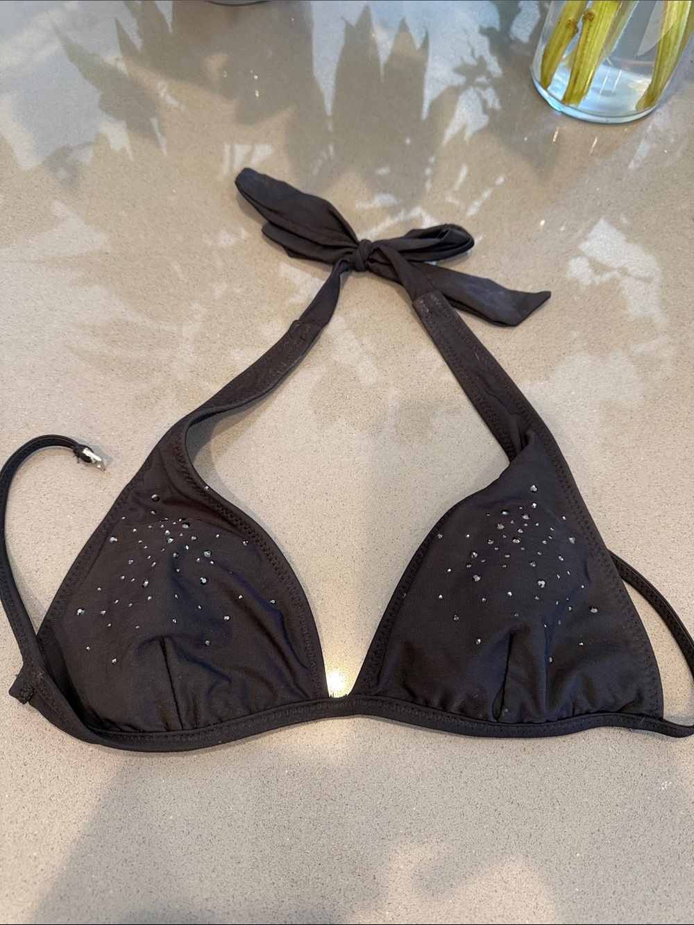 Guess Black Rhinestone Triangle Halter Bikini Top